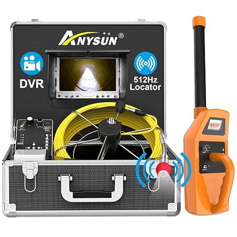 Anysun Sewer Camera with Locator, Pipe Camera with 512Hz Sonde Transmitter and Receiver, IP68 Waterproof Industrial Plumbing Endoscope Drain Snake Cam with 7" LCD Monitor, 8G SD Card (100Ft/30M Cable)