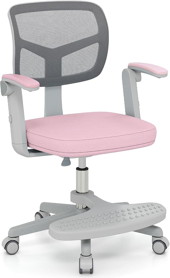 GIANTEX Kids Desk Chair, Ergonomic Adjustable Student Rolling Chair with Footrest & Flip-up Armrest, Mesh Children Office Chair with Universal Wheels, Kids Computer Chair for Boys & Girls, Pink