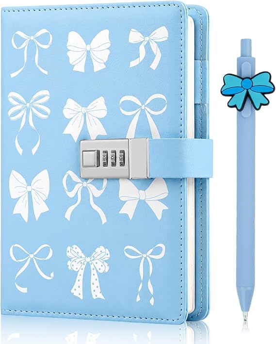 Diary with Lock for Girls Teen, Blue Bow Preppy Journal Notebook with Pen