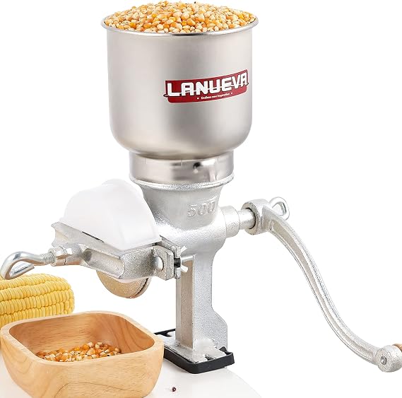 LANUEVA Corn Grinder, Cast Iron Hand Grain Mill Grinder, Manual Coarse Grinding Tool for Corn Beans Barley Rice, with 500ML High Hopper, Hand Crank and Table Clamp
