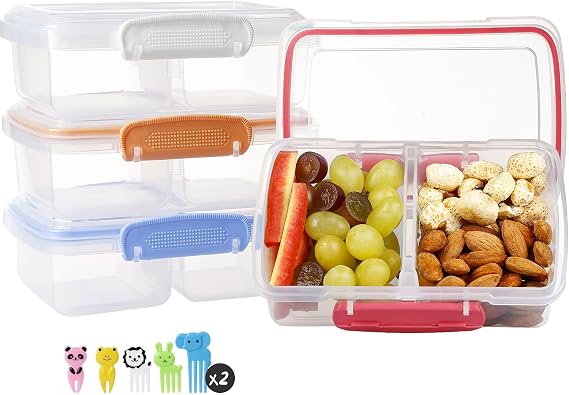 Greentainer 4 Pack Snack Containers with Lids for Kids, 2 Compartment Reusable Bento Lunch Box with Cute Forks, Divided BPA-Free Plastic Food Storage & Meal Prep for School, Travel, Fruits & Snacks