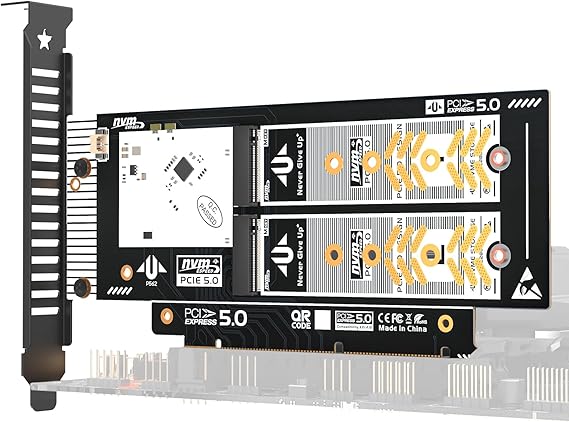 Dual NVMe PCIe 5.0 X16 Expansion Card, Supports 2 NVMe M.2 SSD 2280 up to 4TB, Raid Bandwidth 256Gbps, Bifurcation Required