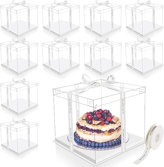 10 Pcs Clear Cake Boxes 12x12x10 Inch Tall with Ribbon,Beige | Transparent PET for Birthday Party Display, Wedding Dessert Storage, Large Bakery Packaging, Protective Carrier