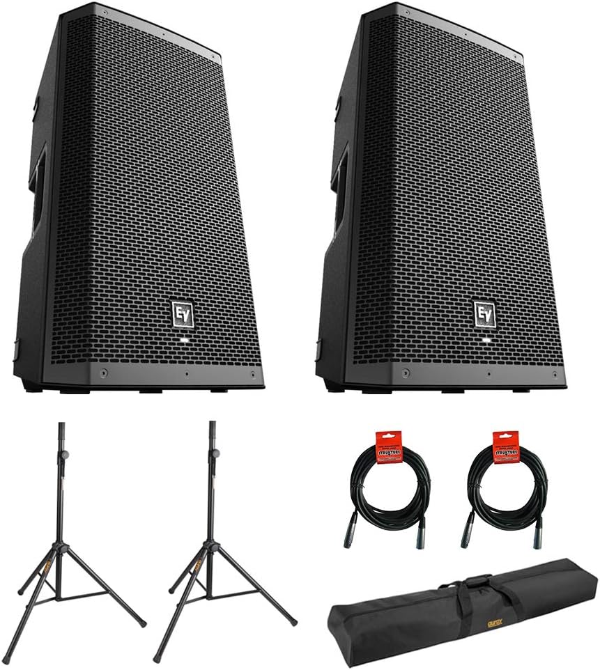 Electro-Voice ZLX-12P-G2 12 2-Way 1000W Powered Loudspeaker with Bluetooth Black Bundle with 2X Steel Speaker Stand, Stand Bag 51& 2X XLR Cable