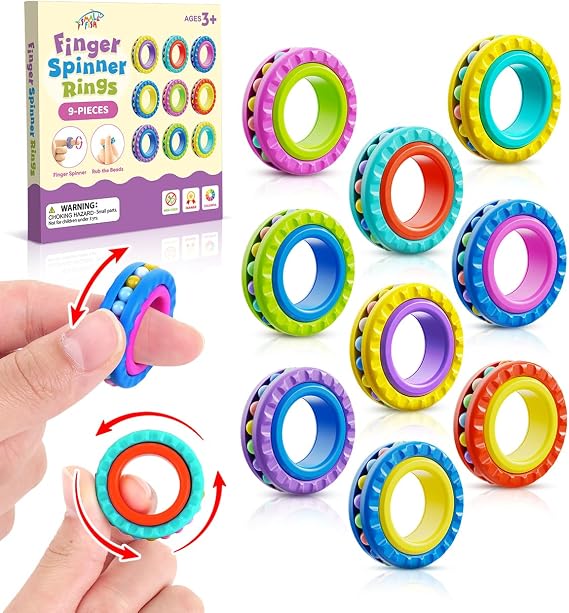 Fidget Toys Sensory Rings for Kids: 9 Pack Multi-Functional Finger Spinner | Fidget Stress Toys for Autism Kids Calming - Small Fidgets for Classroom Prizes - Teens Boys Girls Travel Calm Essentials