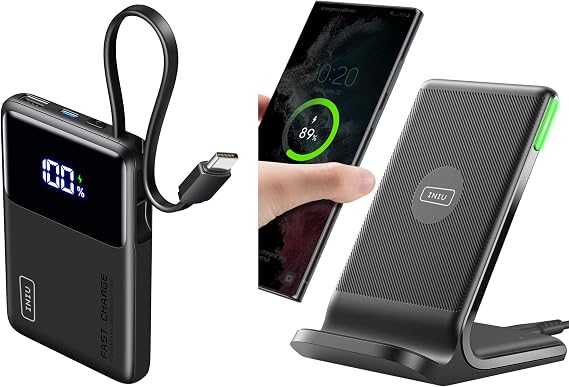 INIU Slimmest 45W 10000mAh Portable Charger with Built-in USB-C Cable & 15W Qi Certifie Wireless Charging Station Combo