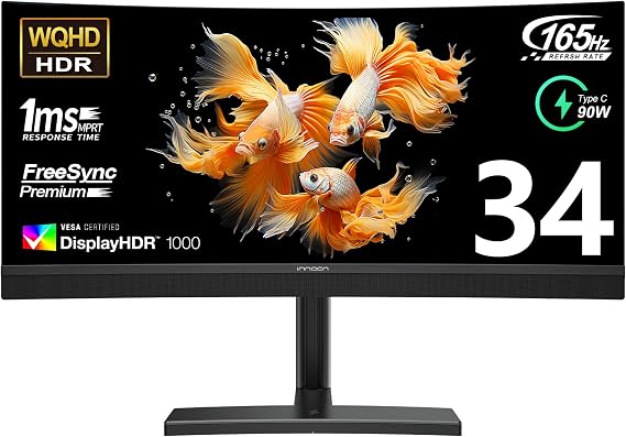 INNOCN 34 Inch Curved Ultrawide Gaming Monitor Mini LED 3440 x 1440p 165Hz PC Computer Gaming Monitor, USB Type C Power Delivery, HDMI, DP, Stereo Speakers, Charger Pad, Black