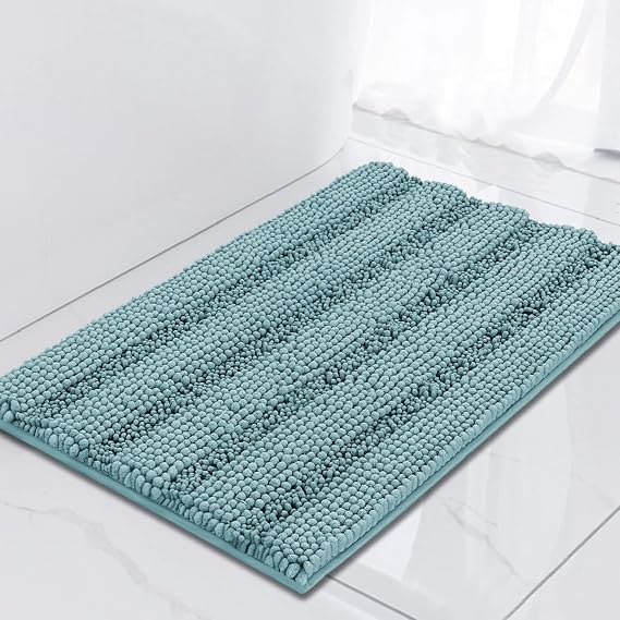 Turquoize Luxury Chenille Bath Rug for Bathroom Rugs Extra Absorbent Bath Mat Non Slip Microfiber Shower Rug for Bathroom Microfiber Shaggy Carpet Rug Size, 17"x 24", Aqua Haze | Non-Slip Quick Drying, Machine Washable Plush Striped Bath Mats for Bathroom Floor, Tub, Shower, Home Decor Accessories