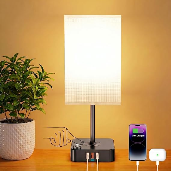 ALACOO Bedside Table Lamp with 3 USB Charging Ports, Small Table Lamp for Bedroom, 3000K LED Reading Light, Linen Shade, Side Lamp for Guest Room, Nursery & Living Room, Energy Class [Energy Class A]