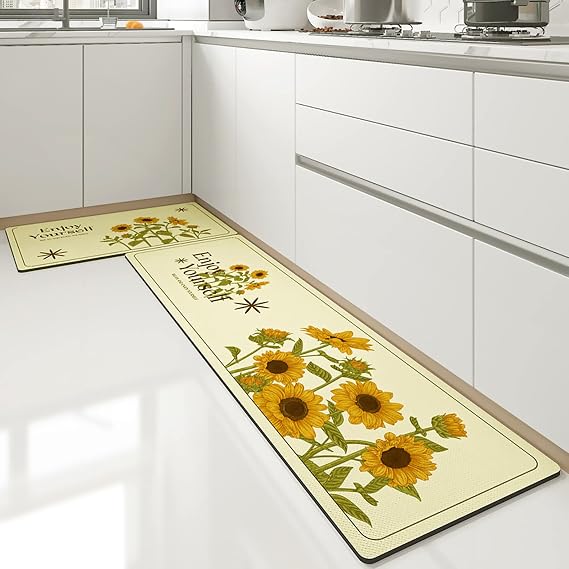UKELER Farmhouse Kitchen Rug Set 2 PCS Sunflower Floral Waterproof Laundry Room Rugs Runner Non Slip Cushioned Anti-Fatigue Area Rugs for Kitchen Laundry Room