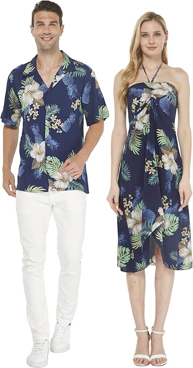 Couple Matching Hawaiian Luau Party Outfit Set Shirt Dress in Cream Rafelsia