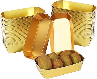 50PCS Gold Disposable Paper Food Boats - Heavy-Duty Trays for Serving Nachos, Hot Dogs, Snacks, BBQ, Parties & Festivals