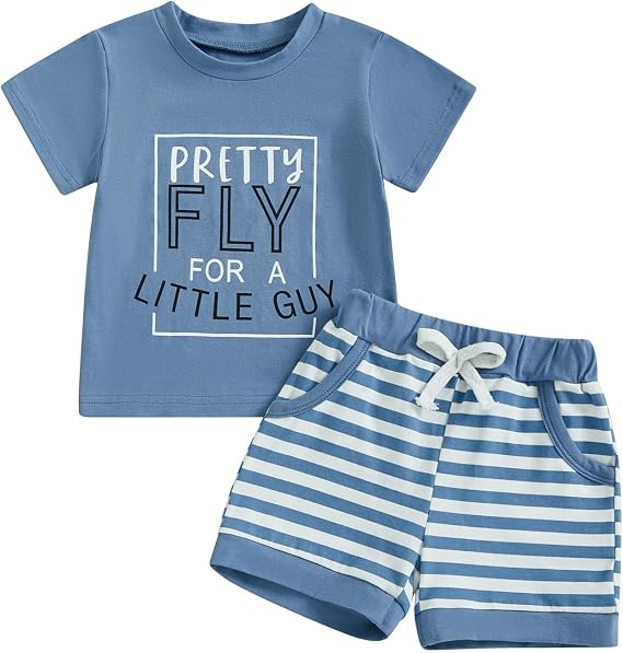 Toddler Baby Boy Summer Outfit Letter Print Short Sleeve T Shirt Tops Elastic Stripe Shorts Cute Infant Clothes