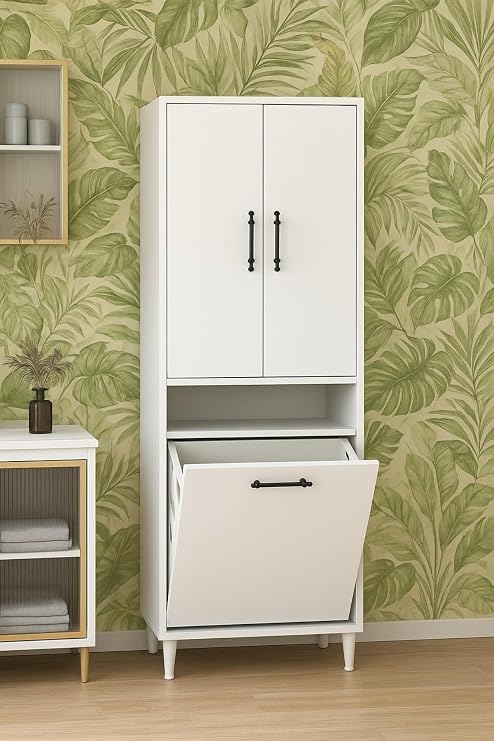 Kirli Sepetli 2 Kapaklı 3 Raflı Çok Amaçlı Ahşap Banyo Dolabı, Banyo Düzenleyici Çamaşır Sepeti