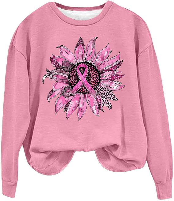 Breast Cancer Awareness Sweatshirt Women Long Sleeve Pink Ribbon Graphic Print Tee Shirts Inspirational Pullover Tops