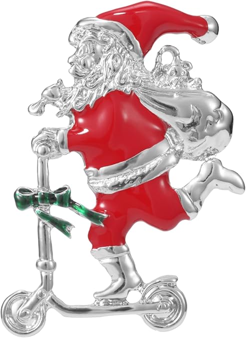 RareLove Vintage Brooch Skiing Santa Claus with Bag of Gifts Christmas Pins and Brooches for Women Red Silver Cute Enamel Pin