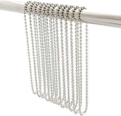 Stainless Steel Shower Curtain Hooks, 55 Inch Ball Chain Design, 12 Pack Rust-Resistant Metal Curtain Rings for Bathroom Rods, Heavy Duty 4.5mm Shower Curtain Hangers