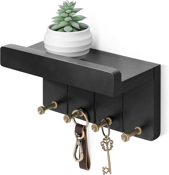 Rebee Vision Small Key Holder Wall Mount with Shelf for Entryway, Black
