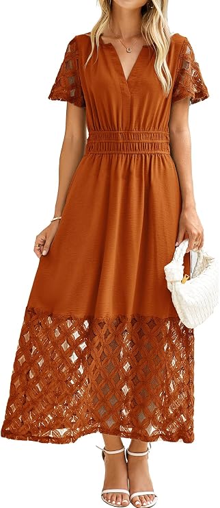 Simplee Womens Summer Boho Maxi Dress V Neck Empire Waist Long Flowy Wedding Guest Dresses with Pockets