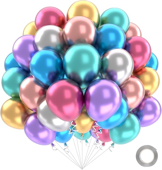QIFU Metallic Balloons, 50pcs Metallic Rainbow Balloons Birthday Balloon with Pink Blue Gold Green Helium Balloon, Multicoloured Chrome Ballon for Iridescent Party Wedding Engagement Decorations Neon
