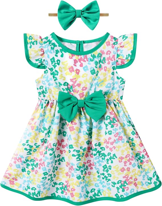 Toddler Girl Dresses Ruffled Sleeve Casual Dress Summer Toddler Girl Clothes with Cute Headband 1-5T