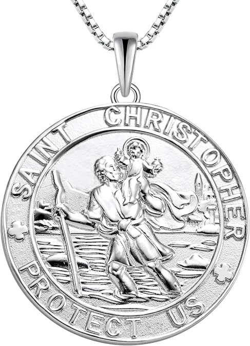 YL St Christopher Necklace Solid 925 Sterling Sliver Engraved Pendant Round Religious Talisman Jewelry for Women
