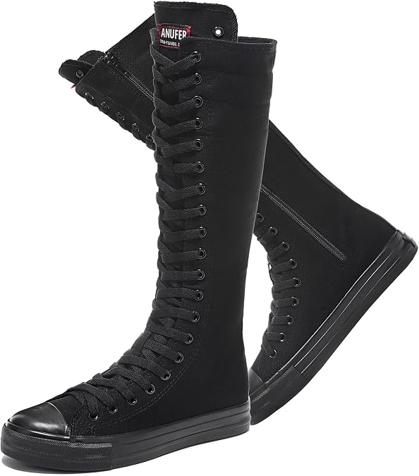 rismart Women's Canvas Sneakers Knee Length High Top Side Zip School Cheergirls Long Boots