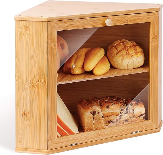 Leader Accessories Corner Bread Bin Bamboo Two-Layer Bread Box for Kitchen Corner fit 12.6"x12.6"x13.4"