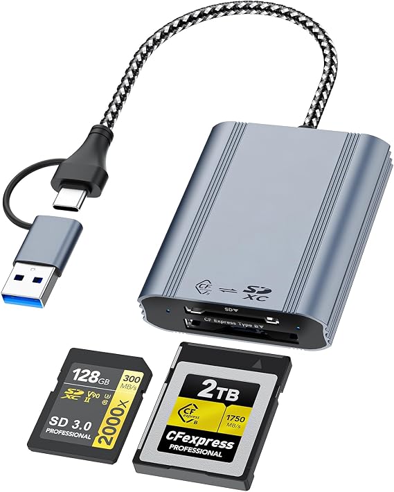CFexpress Type B & SD Card Reader, USB 3.2 Gen 2 10Gbps Dual Slot, 2-in-1 CF Express Type B Card Adapter, Supports Simultaneous Read/Write for Windows/Mac/iOS/Android/Linux, All-Metal Design
