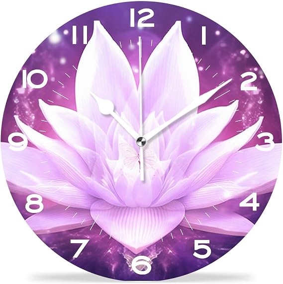 Funny 10 Inch Wall Clocks Battery Powered Decor,Lotus Flower Butterfly Purple Creative