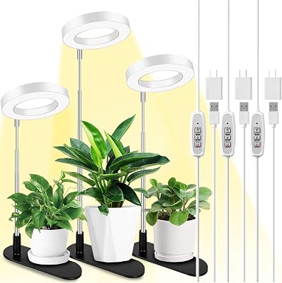 LORDEM Plant Grow Light, Full Spectrum Halo Desk Light, Height Adjustable 7.8-26, LED Growing Lamp, Automatic Timer 4H8H12H, 4 Level Dimmable, Ideal for Indoor Plants, White, 3 Pack