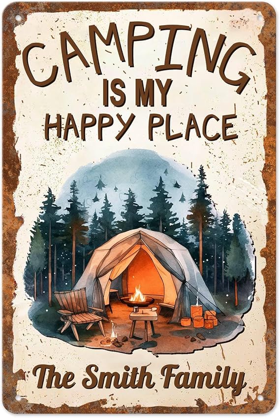 Custom Camping is My Happy Place Camping Zone with Tent Metal Tin Sign Retro Camping Signs RV Camping Accessories, 18 x 12 Inch, Custom Family Name Outdoor Sign for Campsite, Style 6