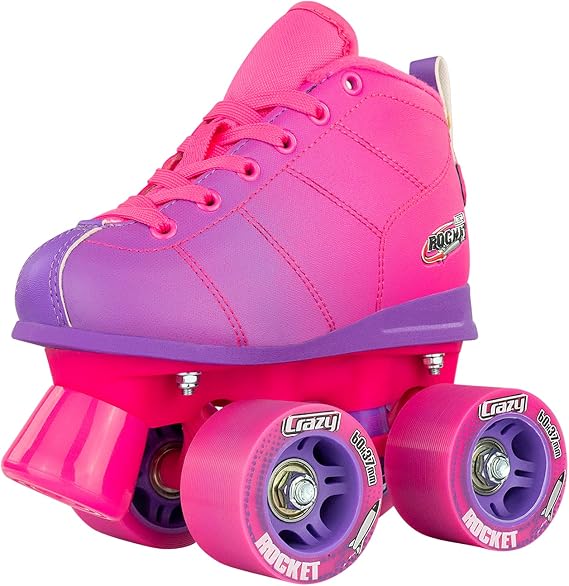 Crazy Skates Rocket Roller Skates for Girls and Boys - Available in Adjustable or Fixed Sizes - Great Beginner Kids Quad Skates - Pink/Purple (Size: Small | j12-2)