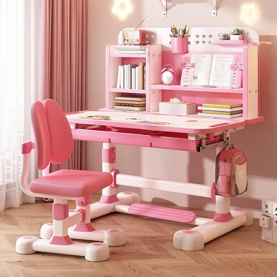 Kids Functional Desk and Chair Set, Ergonomic Height Adjustable Children School Study Desk with Tilt Desktop, Book Stand, Metal Hook and Storage Drawer for Boys Girls