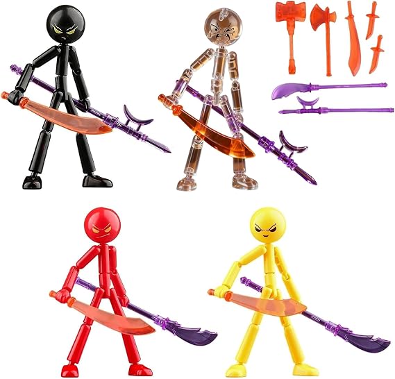 XZSKD 4 PCS Action Figure, Collectable Action Figures Set with 7 Weapons Set, Movable Stick Mans Figures Hand Puppets Detachable