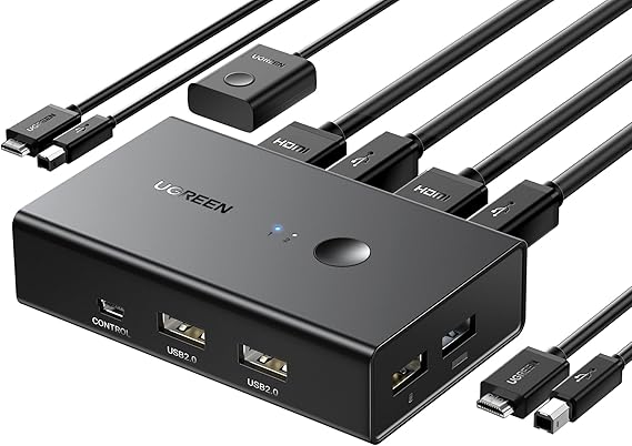UGREEN HDMI KVM Switcher, 2 Inputs, 1 Output, HDMI 2.0, 4 K60Hz, USB 2.0, 4 Ports, 2 PCs, No Driver Required, Hand Switch Included