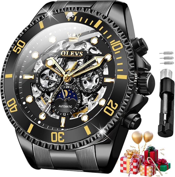 OLEVS Men's Watch Automatic Skeleton Luxury Calendar Mechanical Wrist Watch