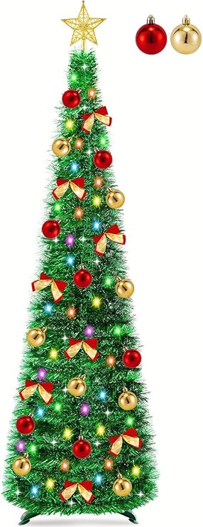 5 Ft Pop Up Pencil Christmas Tree with Timer 60 Warm White & Multicolor Change Lights, Pop Up Tinsel Christmas Tree with 16 Ball Ornaments 8 Bows 1 Minute Xmas Tree Home Indoor Christmas Decorations