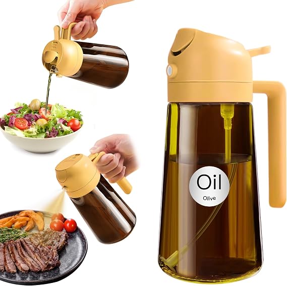 YARRAMATE 16oz/470ml Light-Blocking Dark Oil Sprayer for Cooking, 2-in-1 Olive Dispenser Bottle, Premium Amber Glass, Food-Grade Mister for Air Fryer, BBQ, Kitchen Use (Orange)
