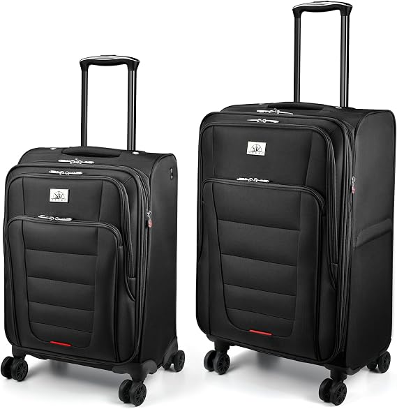 Verdi Luggage 2 Piece Set Suitcase Spinner Wheels Softshell Expandable, Carry On Luggage with USB Port (Black, 2-Piece set(20/24))