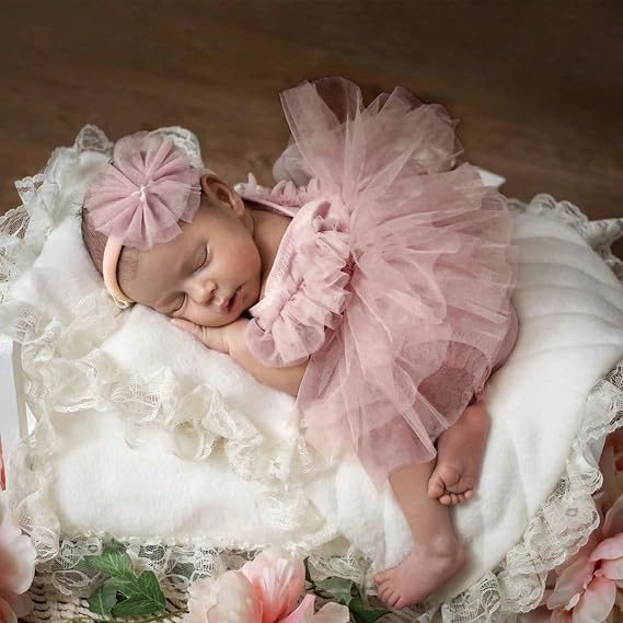 Ylsteed Newborn Photography Outfits - Girl Lace Romper with Tulle Skirt and Handmade Headband Photo Props