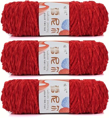 Chenille Yarn for Crocheting & Knitting, Soft Velvet Yarn, 3 Skeins, 100gSkein Red