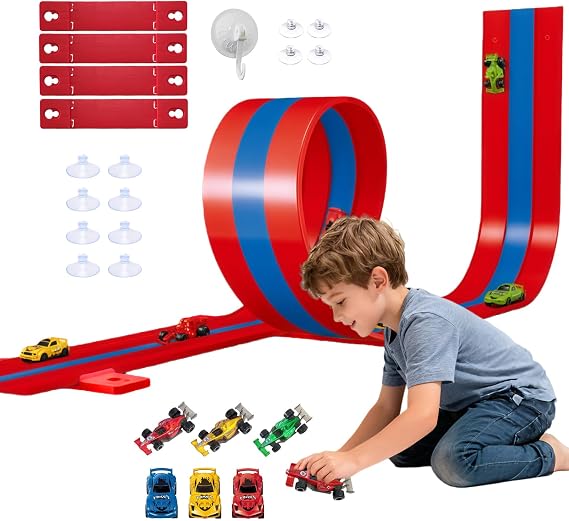Flexible 16.4Ft Race Track for Kids, 3-Lane Bendable Racetrack Set with Suction Cups,Compatible with Hot Wheels/Matchbox 1/64th Cars,Portable Track Toy Gift for Boys Girls Ages 3+(Blue & Red)