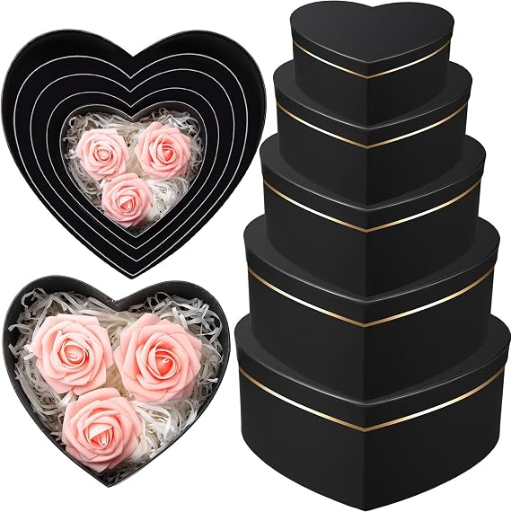 Harloon 5 Pcs Heart Shaped Boxes for Flower Arrangements Gift Boxes Heart Box with Lids for Valentine's Day Bridesmaid Proposal Wedding Birthday Baby Showers Floral Present Packaging(Black)