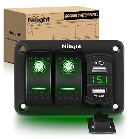 Nilight 2 Gang Rocker Switch Panel with Dual USB Socket Voltmeter | Green Backlit Toggle Swithches 4.8 Amp Outlet Waterproof 12V 24V DC Night Glow Stickers for Car Trucks Boats RVs