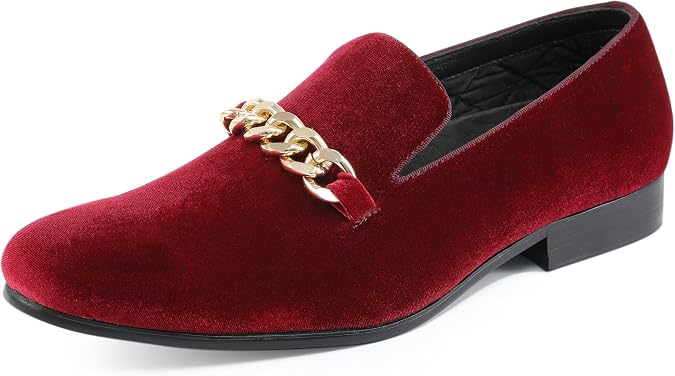 Amali Fay Velvet Mens Slip-On Shoes with Gold Chain Ornament Dress Shoes for Men Velvet Formal Loafers for Men The Original Smoking Men Tuxedo Dress Shoes