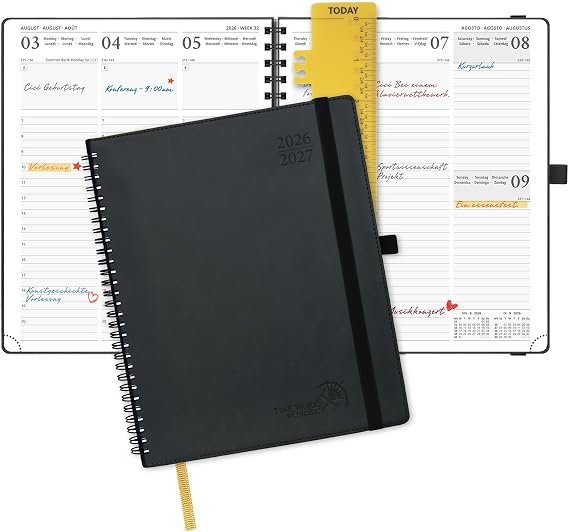 POPRUN Calendar 2026 2027 Weekly Planner Approx. A4 Spiral Book with Soft Cover