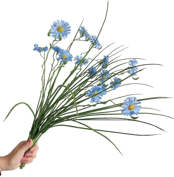 8pcs Artificial Silk Daisy Plastic Flower Bouquet Realistic Stems DIY Greenery Shrubs Plants for Home Kitchen Garden Wedding Party Decor (Blue)