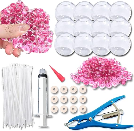 Dsyrvd 12PCS DIY Stress Ball Making Kit with Sealing Rubber Ring*12, Cable Tie*12, Balloon Expander Tool*1, Vacuum Tool*1, 100g Pink Filling Beads Great for Relieve Stress