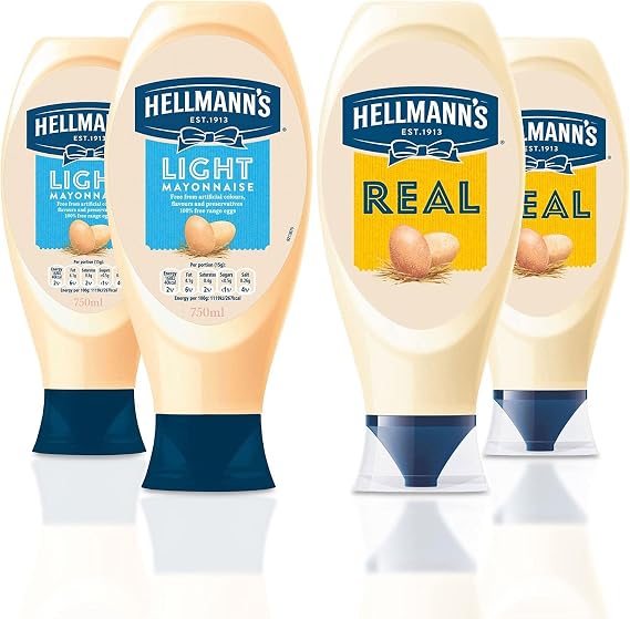 Bundle of 2 Pack Hellmann's Real Mayonnaise, 750ml Squeeze Bottle and 2 Pack Light Mayonnaise 1 of Each Squeezy Bottle, 750ml Free from Artificial Colours and Preservatives